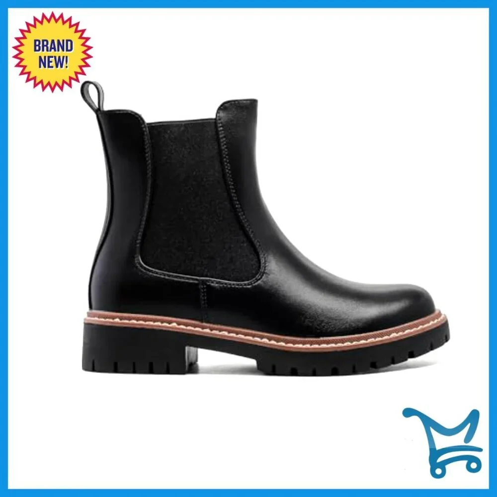 Women's Chelsea Ankle Boots with Lug Sole, Waterproof Faux Leather
